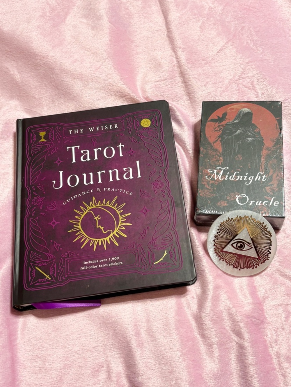 Good Tarot Journal Purple With New Oracle Deck and Selenite Eye Coaster